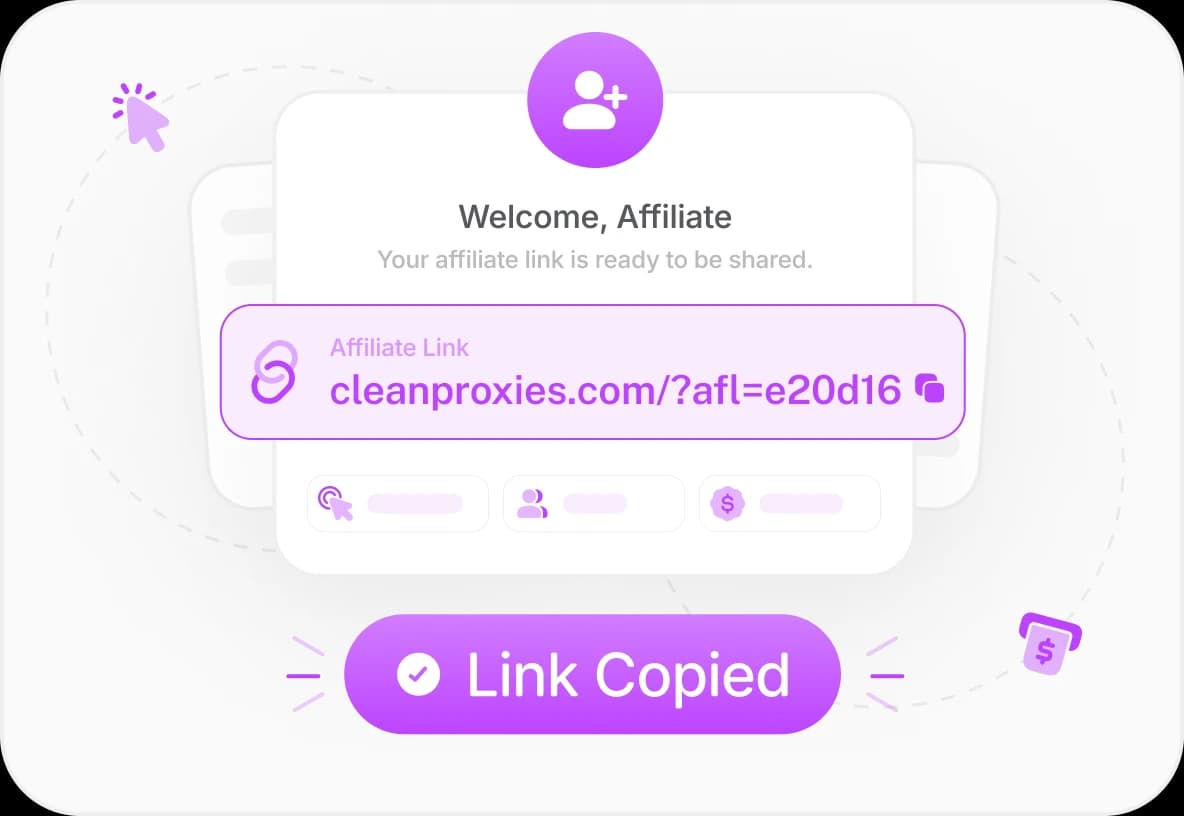 Affiliate dashboard showing a unique affiliate link being copied